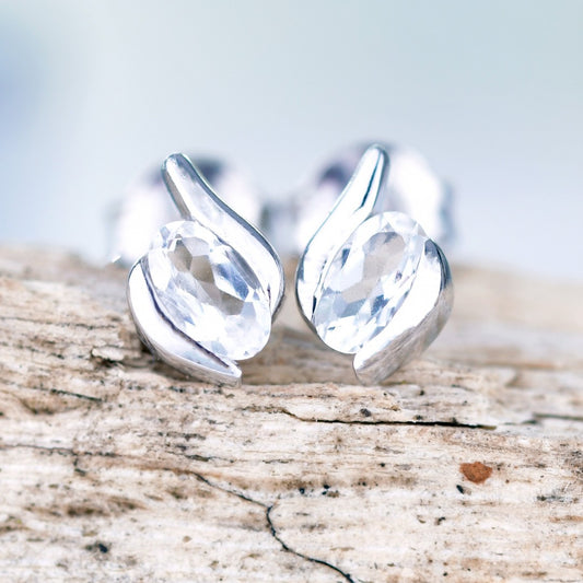 Sterling Silver Earrings Stud White Topaz Oval Contemporary