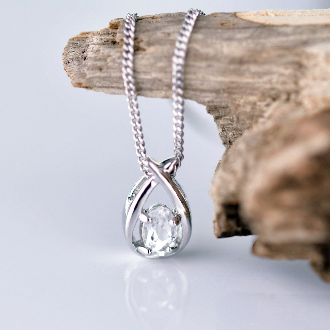 White Topaz Pear Twist Necklace in Sterling Silver