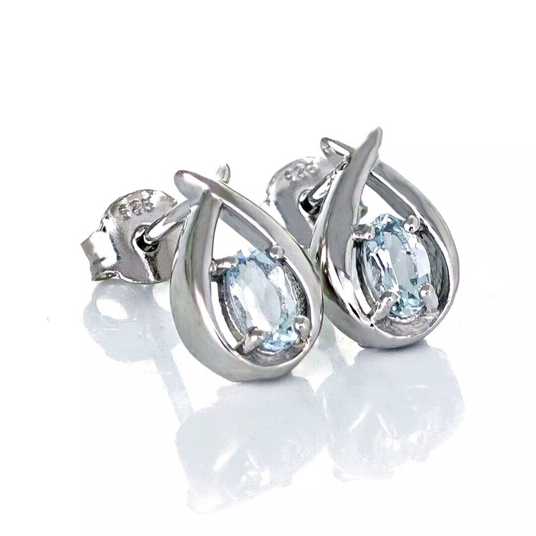 Aquamarine Earrings Pear Blue Twist Studs Sterling Silver