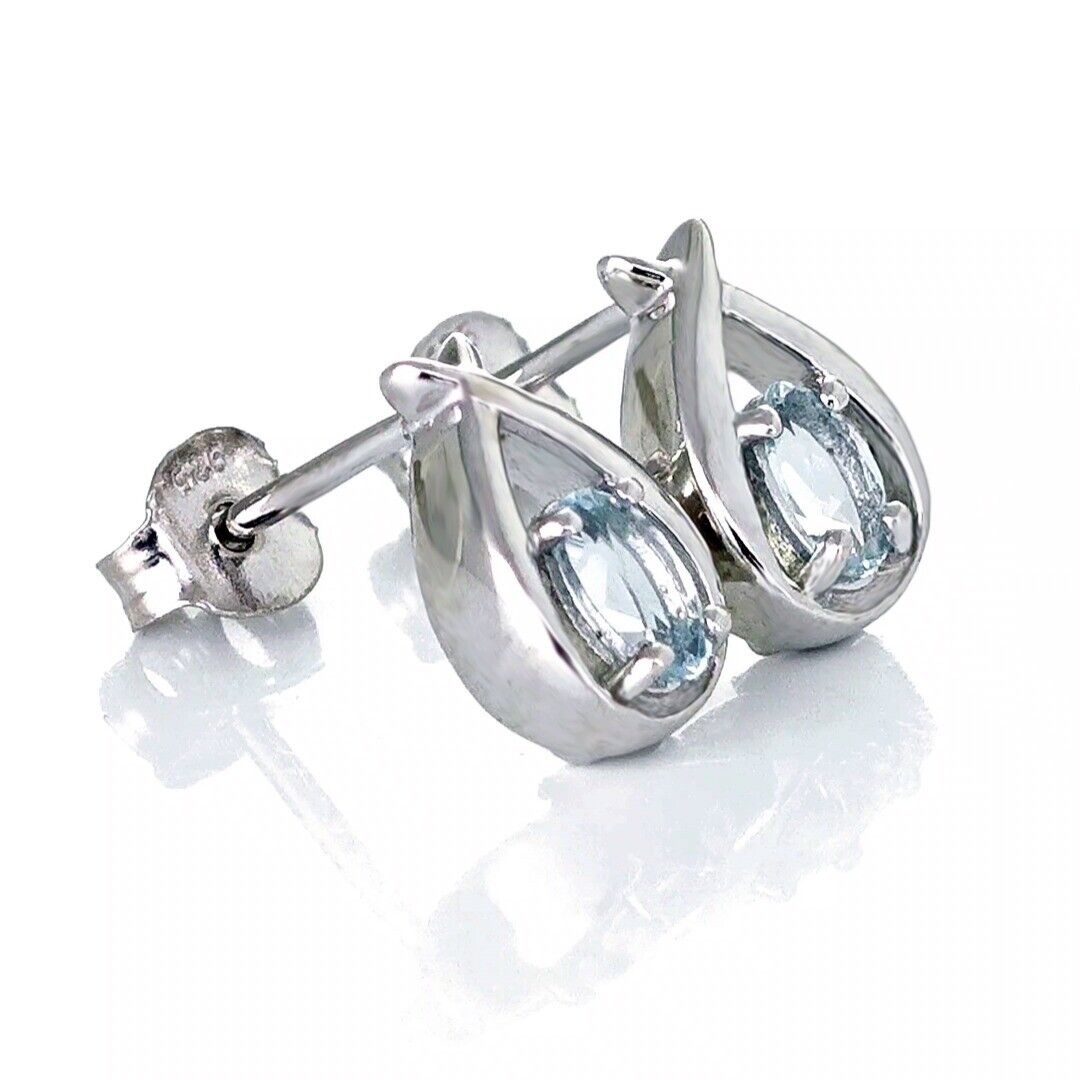 Aquamarine Earrings Pear Blue Twist Studs Sterling Silver