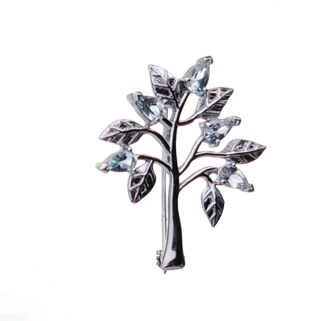 Aquamarine Brooch Tree of Life Sterling Silver New Personalised Gift