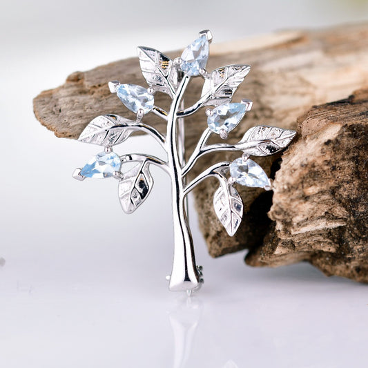 Aquamarine Brooch Tree of Life Sterling Silver New Personalised Gift