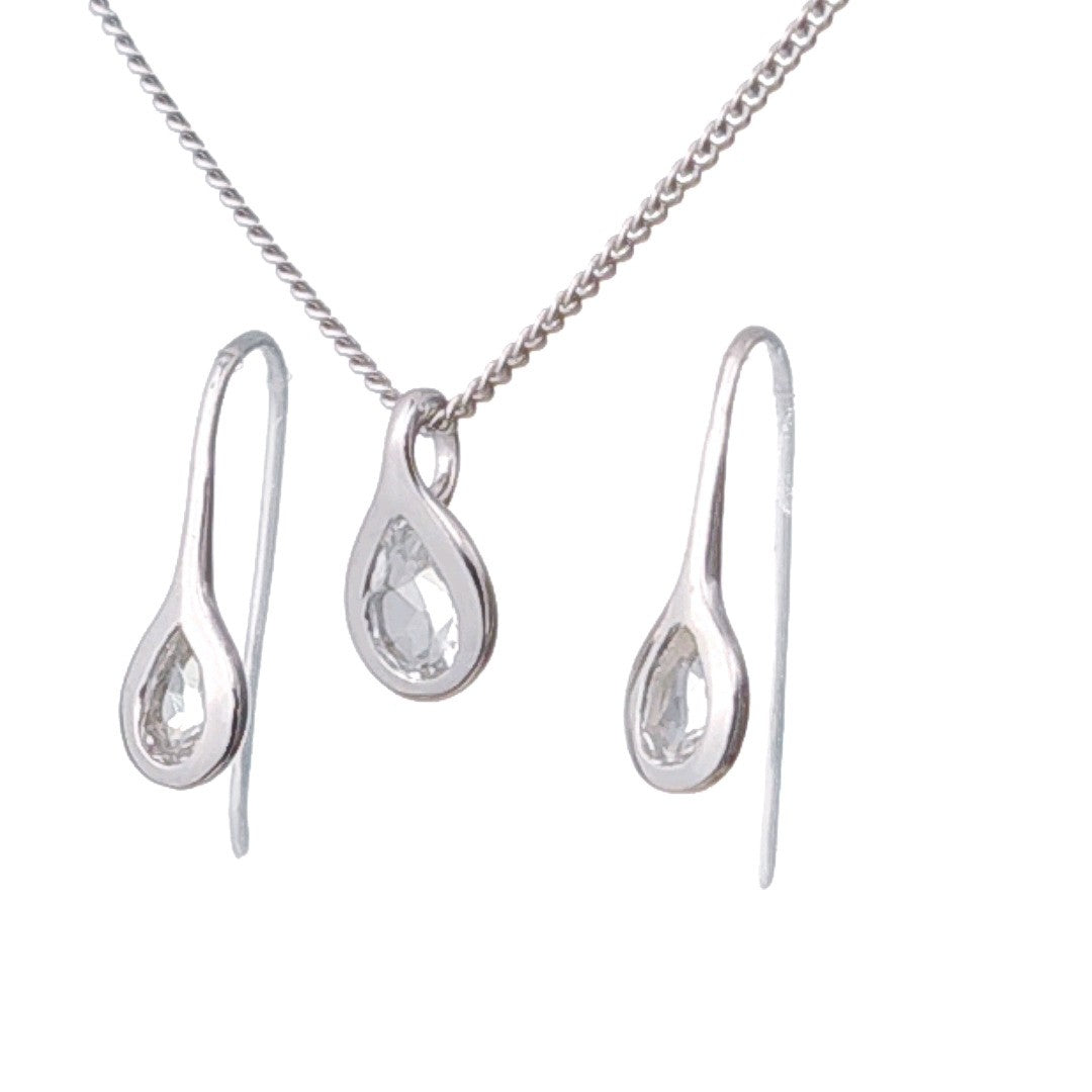 White Topaz Necklace Earring Set 1ct Pear Pendant Sterling Silver