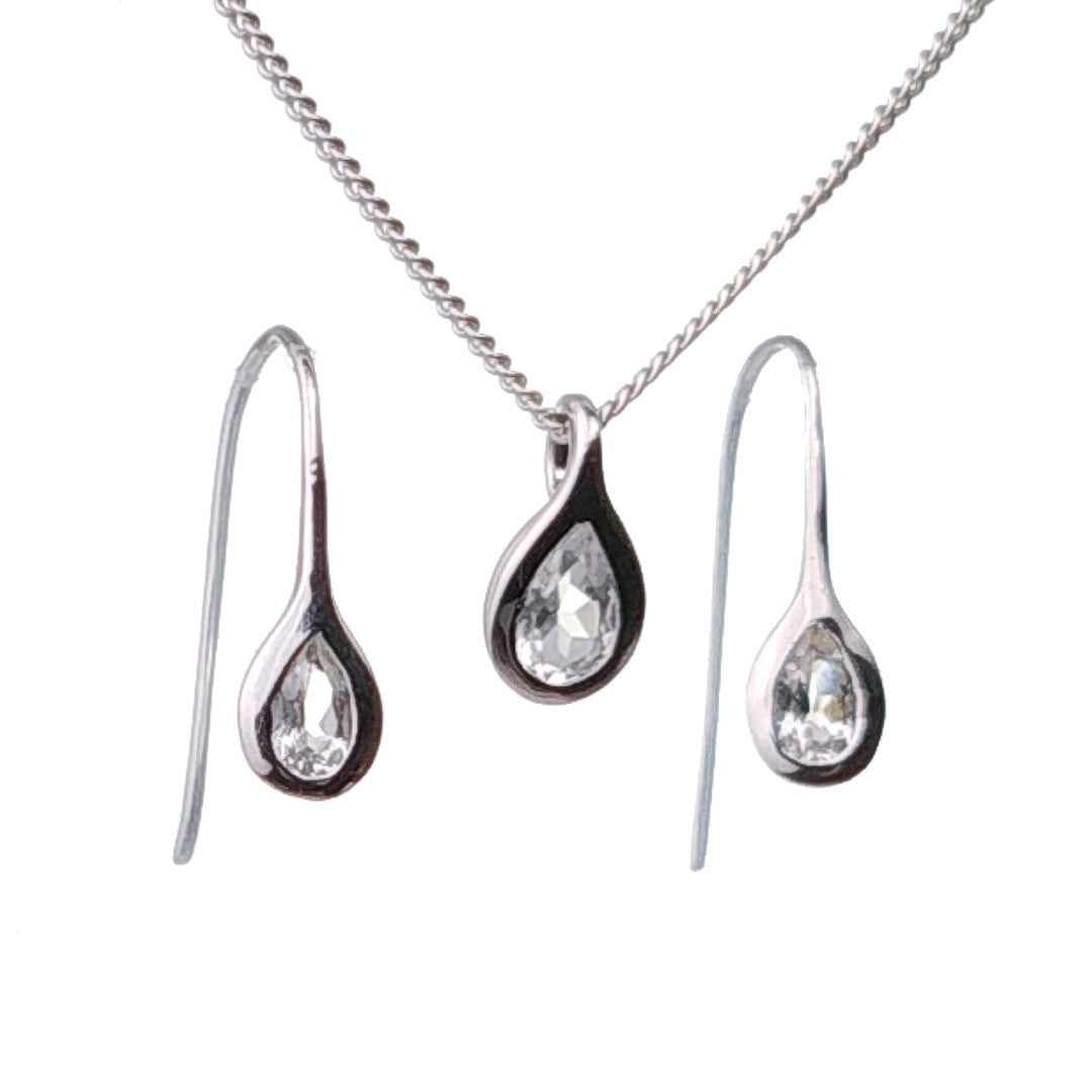 White Topaz Necklace Earring Set 1ct Pear Pendant Sterling Silver