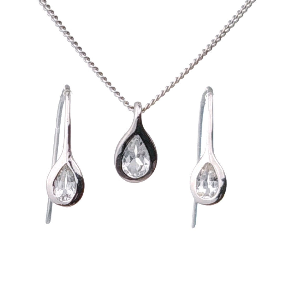 white topaz necklace earring set 1ct pear pendant sterling silver designed in the UK