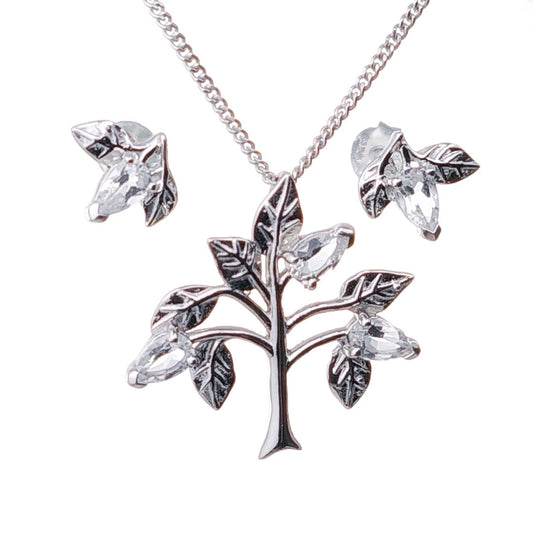 White Topaz Necklace Earring Set 1.25ct Pear Tree of Life Leaves Sterling Silver