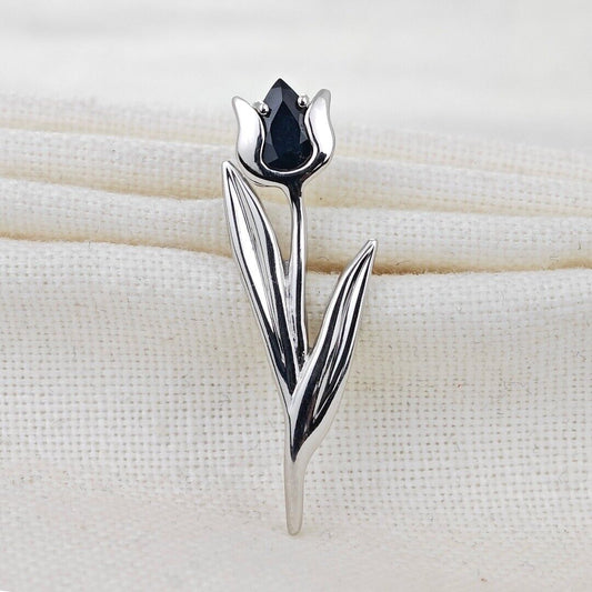 Sapphire Flower Brooch Sterling Silver Tulip Boxed Gift