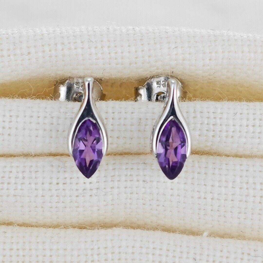Amethyst Minimalist Marquise Earrings in Sterling Silver