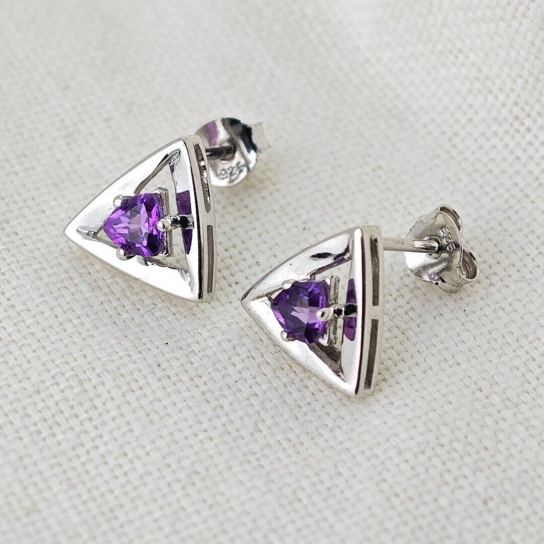 Amethyst Trillion Stud Earrings in Sterling Silver