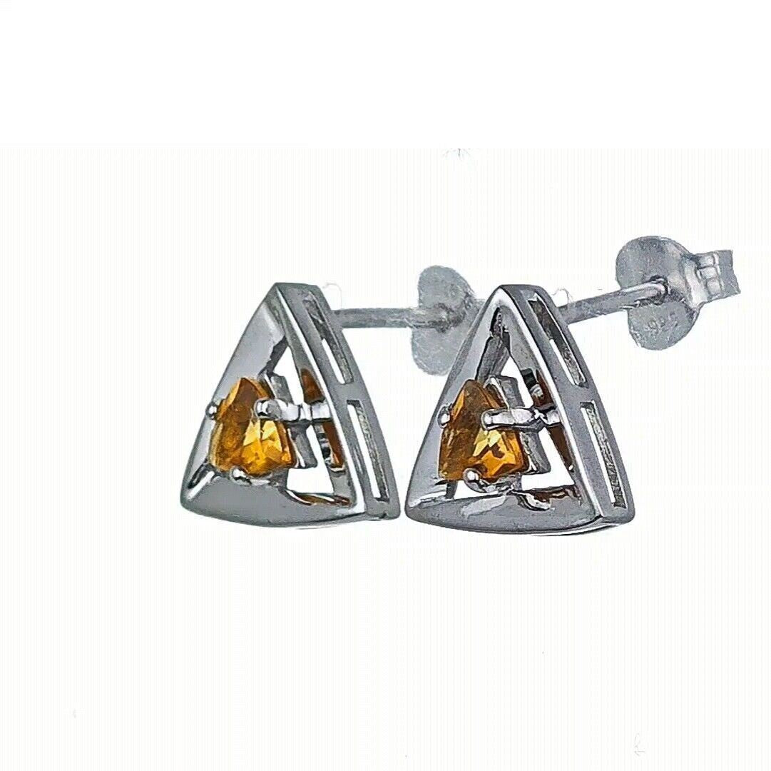 Citrine Earrings Sterling Silver Studs Trillion