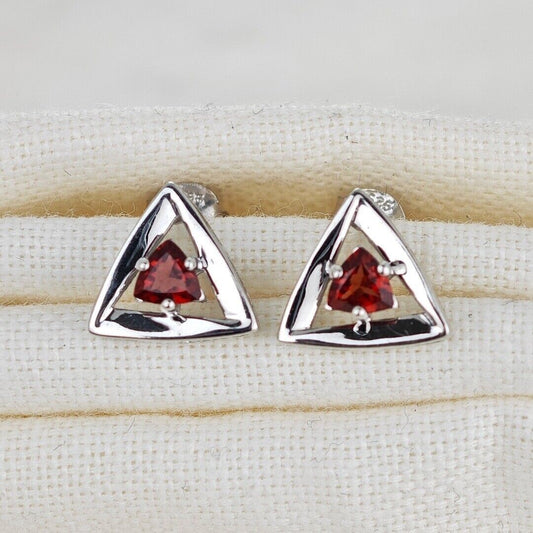Garnet Earrings Sterling Silver Studs Trillion