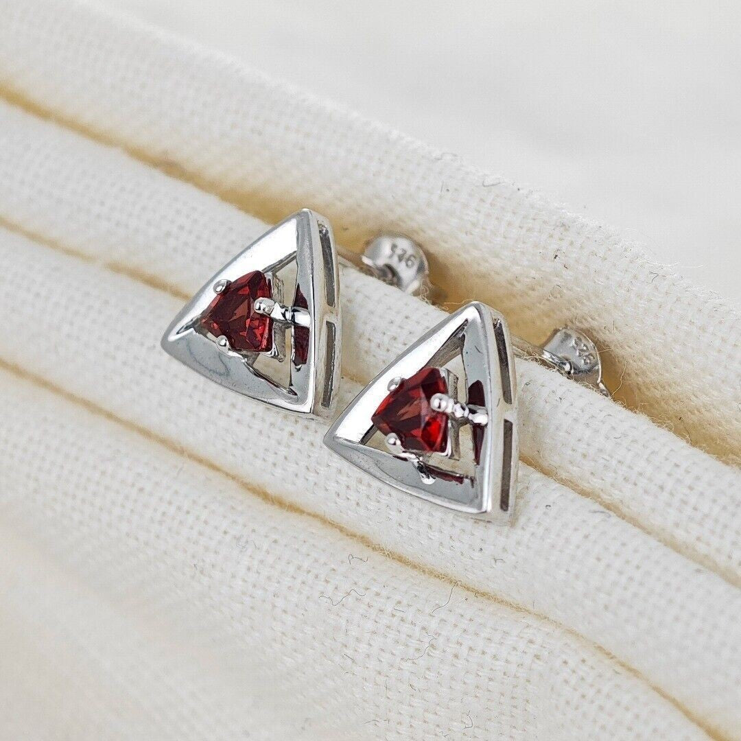 Garnet Earrings Sterling Silver Studs Trillion