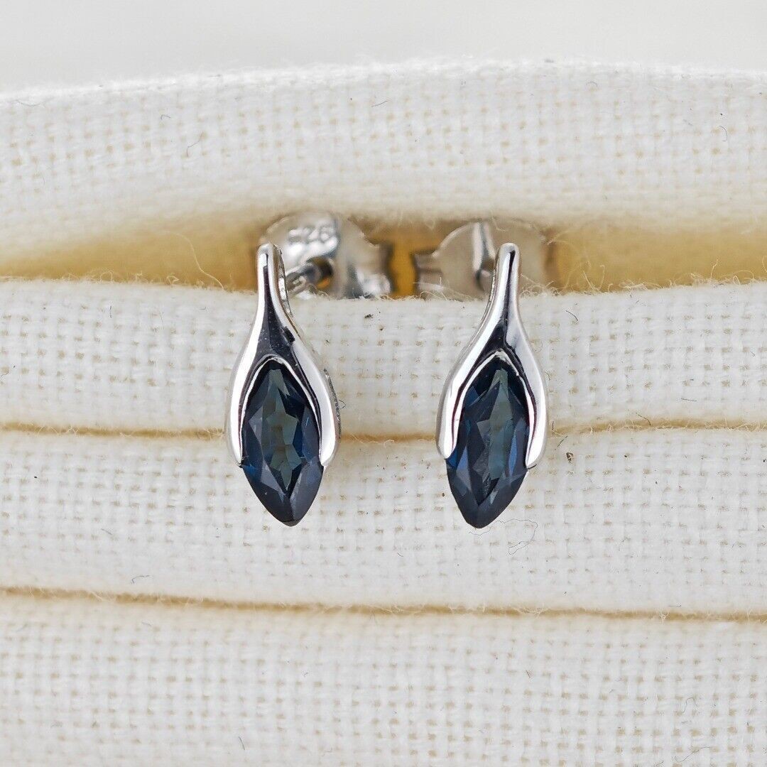 London Blue Topaz Minimalist Marquise Earrings in Sterling Silver