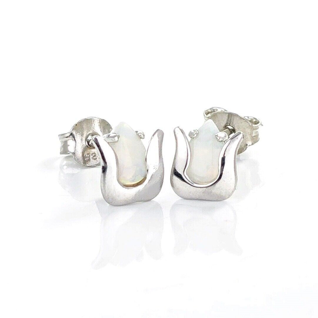Elegant Sterling Silver Tulip Flower Earrings with Natural White Opal