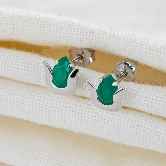 Green Onyx Tulip Flower Earrings in Sterling Silver
