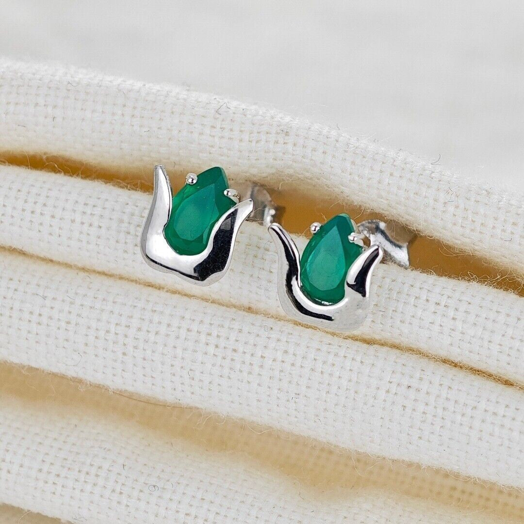 Green Onyx Tulip Flower Earrings in Sterling Silver