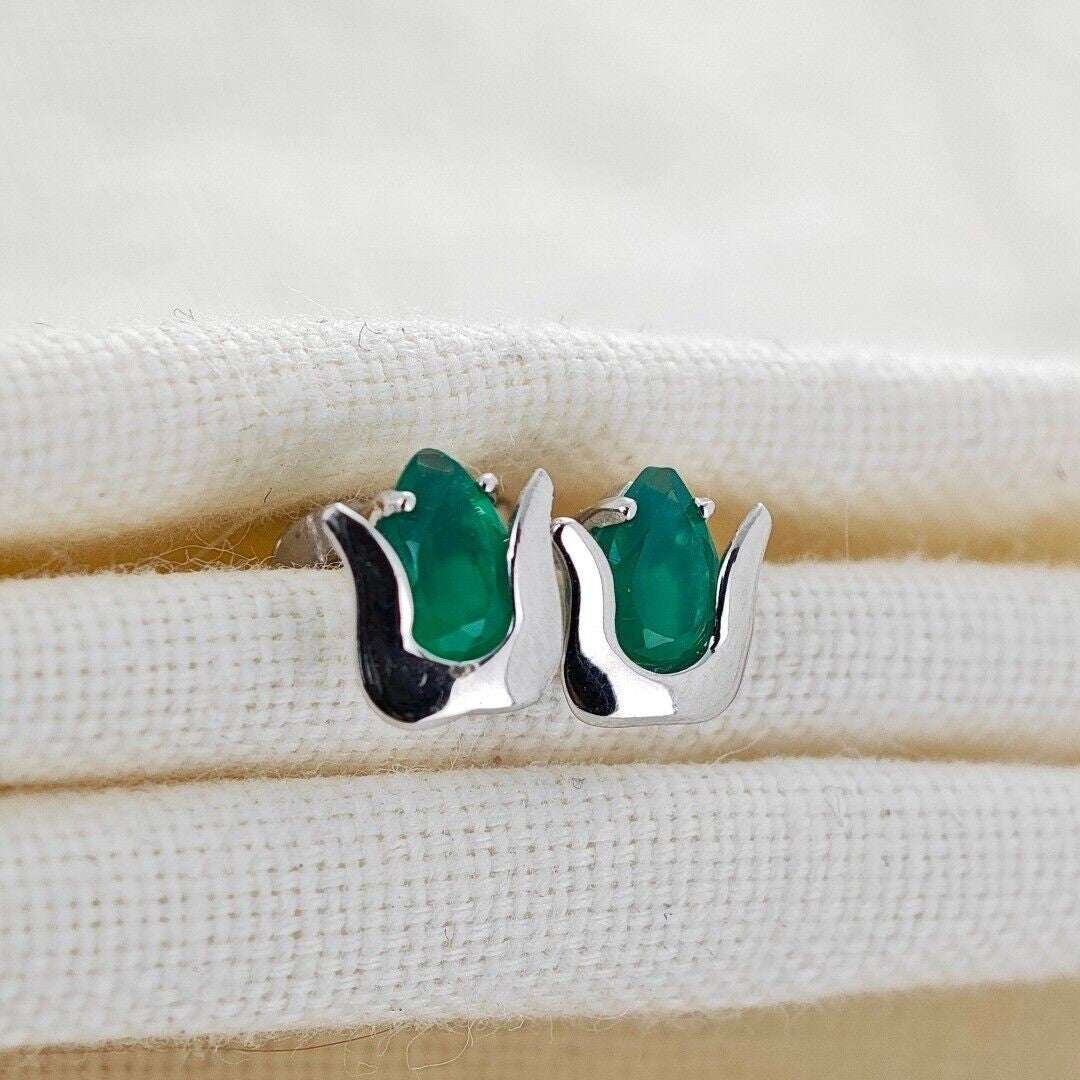 Green Onyx Tulip Flower Earrings in Sterling Silver