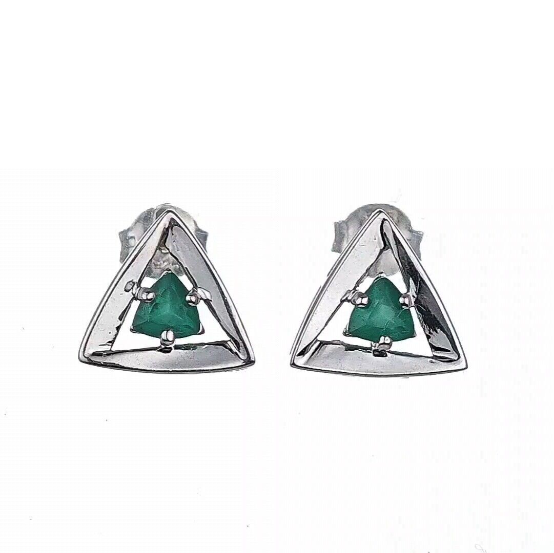 Onyx Green Earrings Sterling Silver Studs Trillion