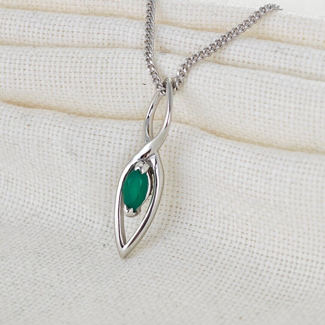 Green Onyx Marquise Dangle Necklace in Sterling Silver
