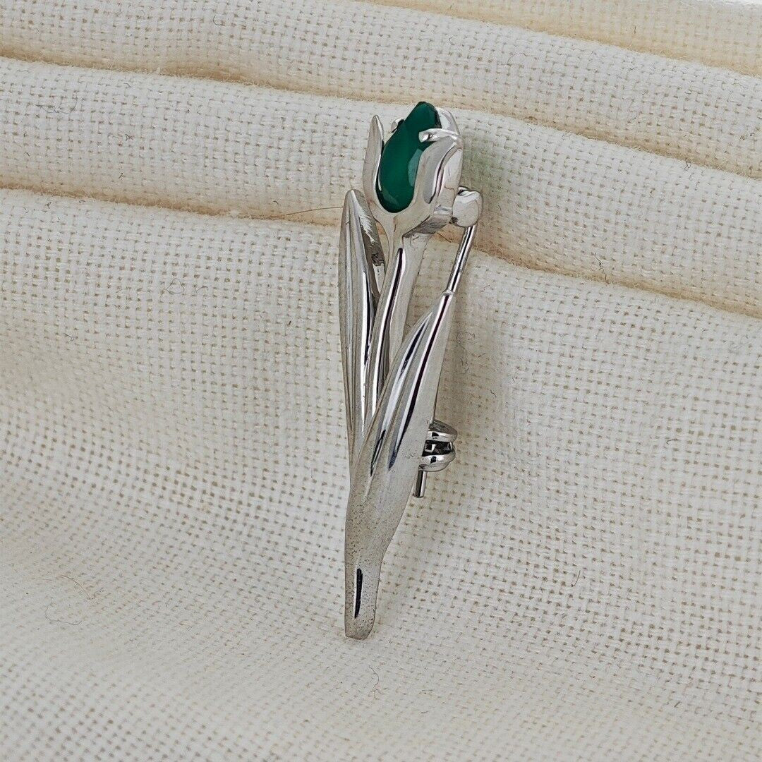 Onyx Green Brooch Sterling Silver Tulip