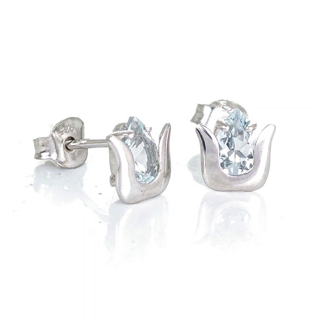 Aquamarine Earrings Sterling Silver Studs Tulip Flower