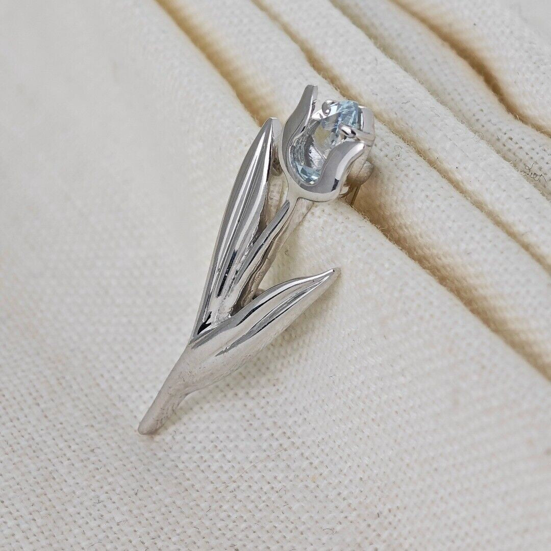 Sterling Silver Tulip Brooch Aquamarine Natural Blue Gemstone