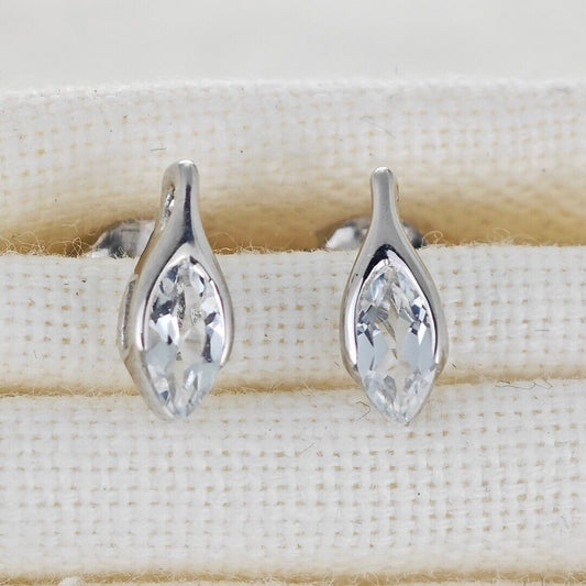 White Topaz Earrings Sterling Silver Studs Minimalist Marquise