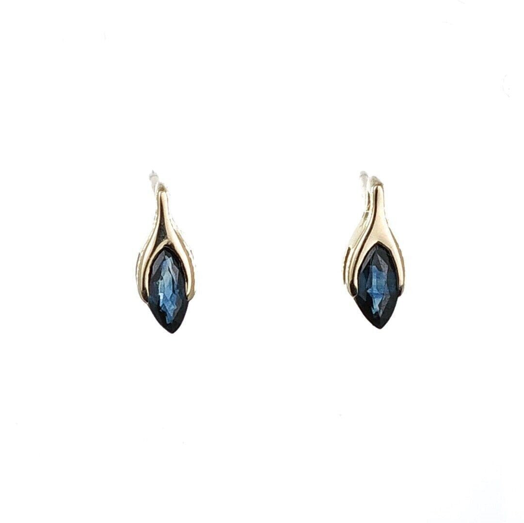 blue sapphire earrings 9ct yellow gold studs minimalist marquise designed in the UK