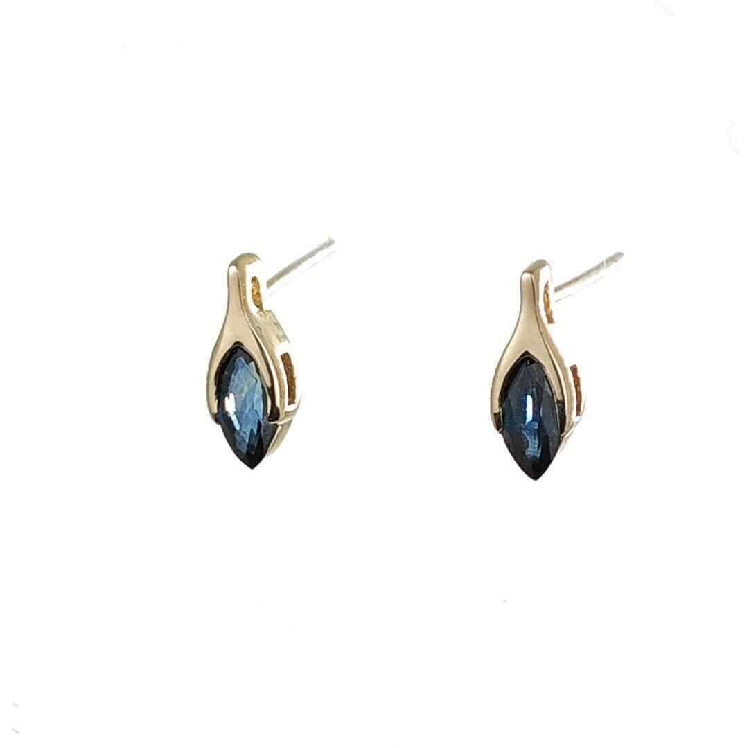 Blue Sapphire Earrings 9ct Yellow Gold Studs Minimalist Marquise