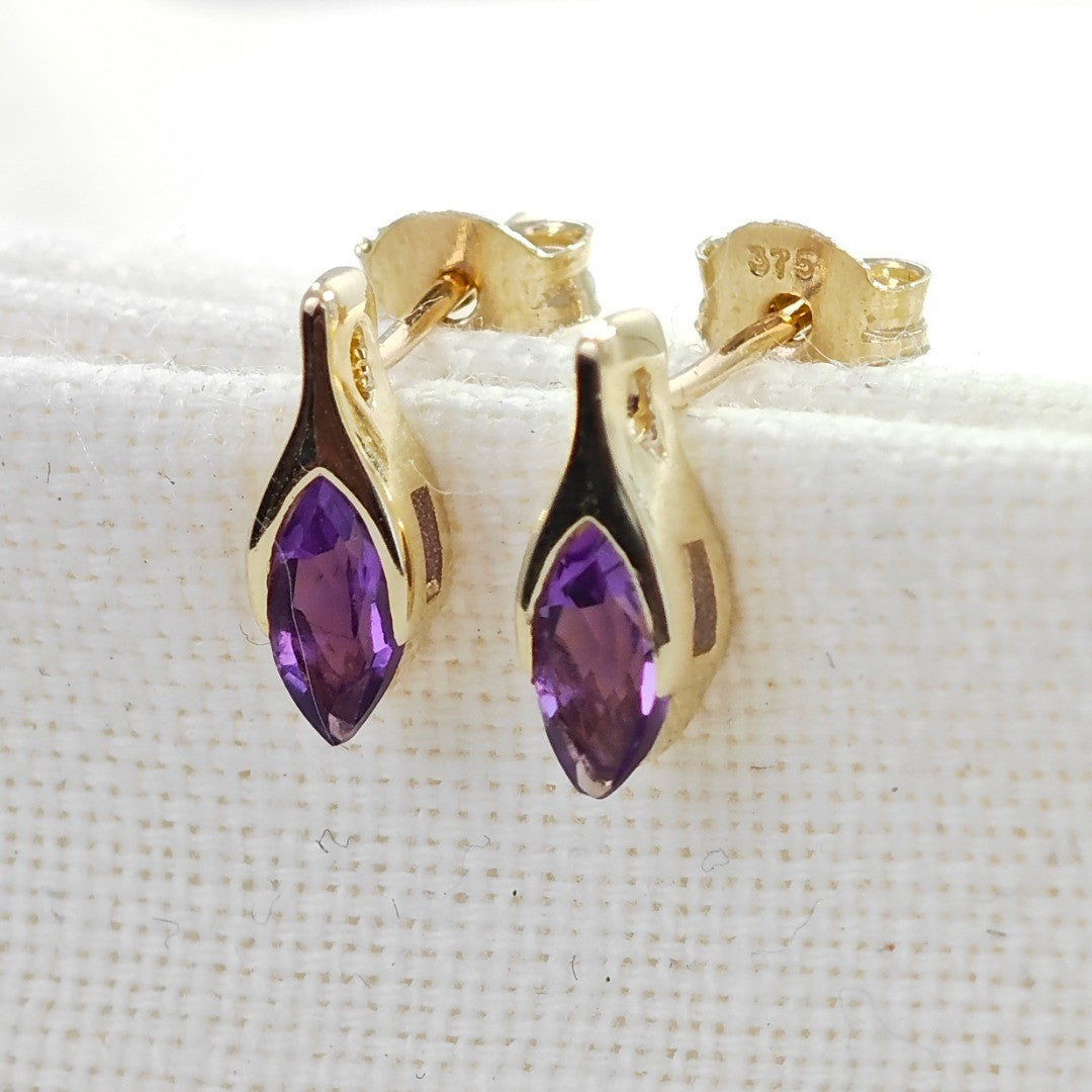 9ct Amethyst Earrings Yellow Gold Studs Minimalist Marquise Handmade UK Design