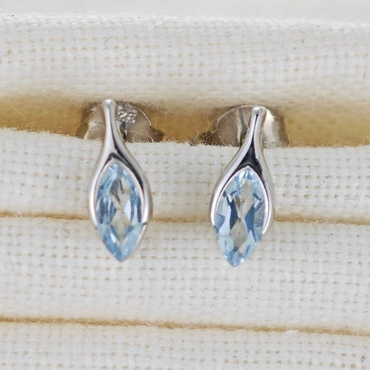 Blue Topaz Earrings Sterling Silver Studs Minimalist Marquise
