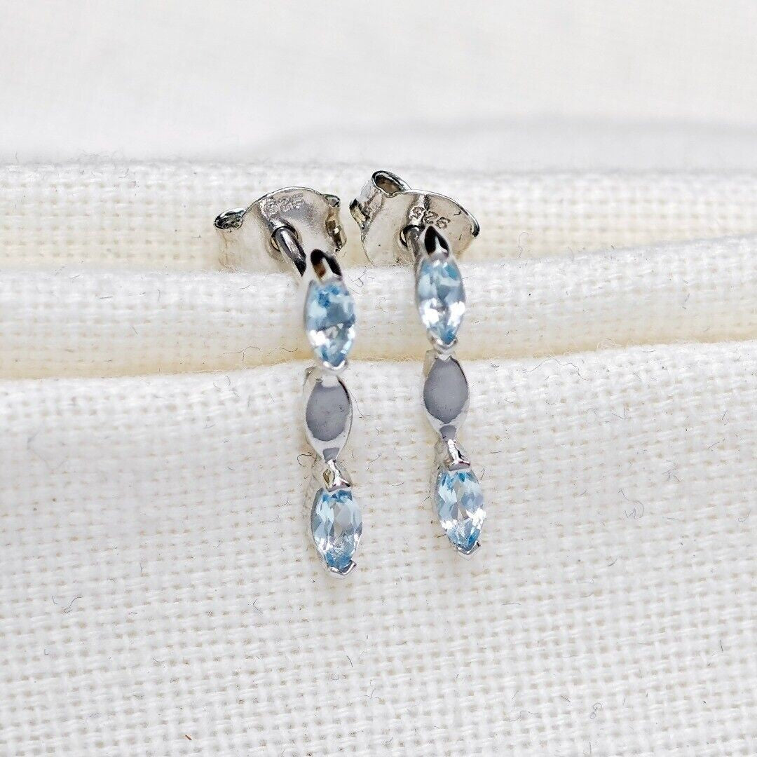 Silver Blue Topaz Earrings Infinity Marquise Natural Gemstone Studs