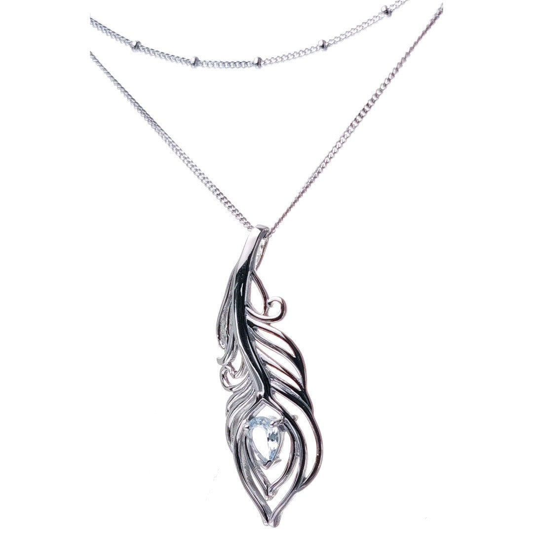 Aquamarine Necklace Set Sterling Silver Peacock Feather Pendant 22