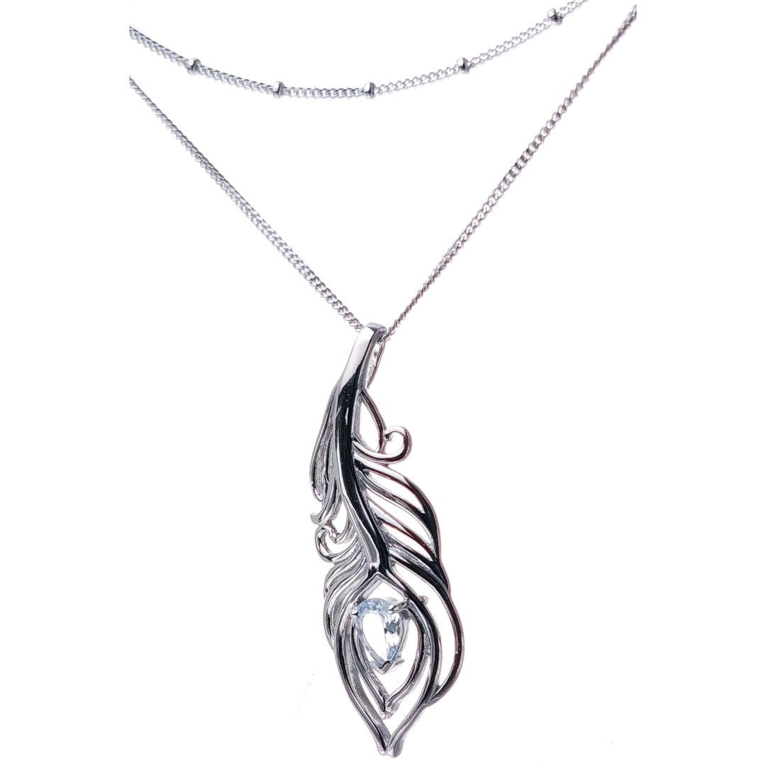 Aquamarine Necklace Set Sterling Silver Peacock Feather Pendant 22