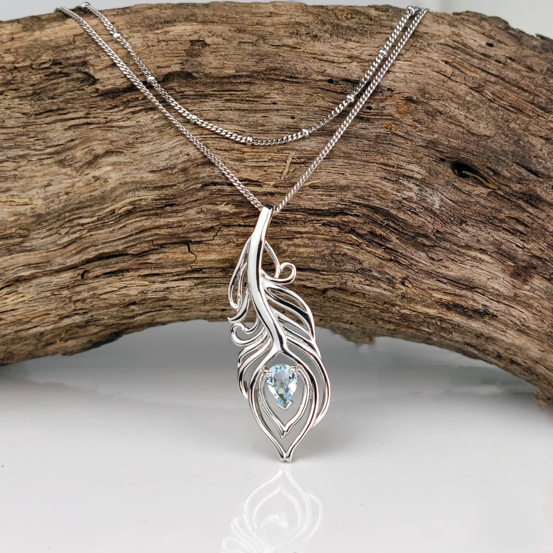 Aquamarine Necklace Set Sterling Silver Peacock Feather Pendant 22