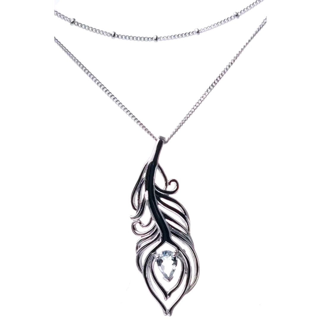 Aquamarine Necklace Set Sterling Silver Peacock Feather Pendant 22