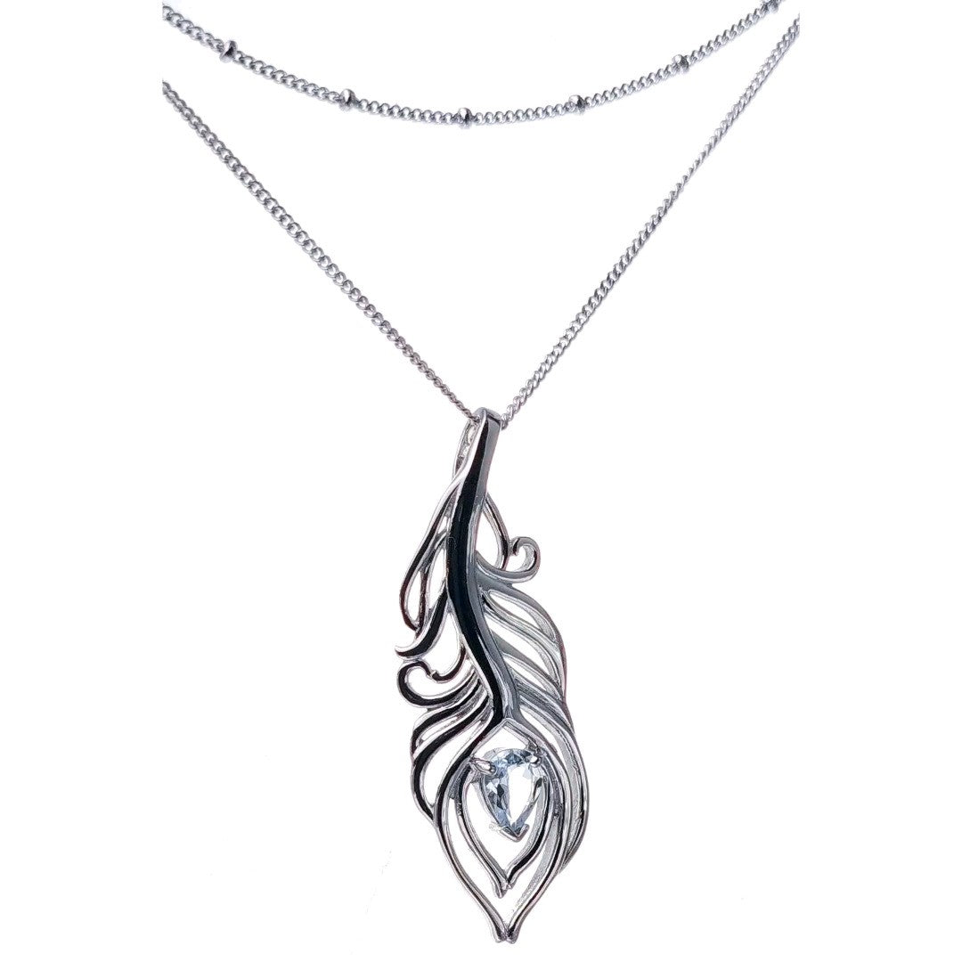 Aquamarine Necklace Set Sterling Silver Peacock Feather Pendant 22