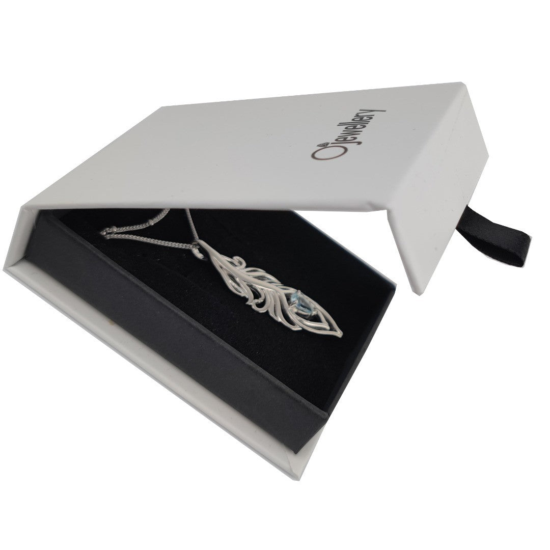 Aquamarine Necklace Set Sterling Silver Peacock Feather Pendant 22