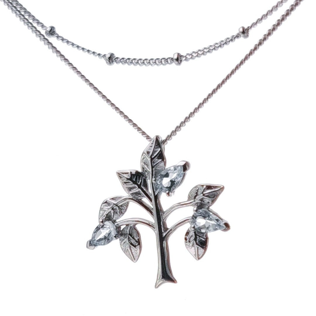 Aquamarine Necklace Set Tree of Life Sterling Silver 2 Chains