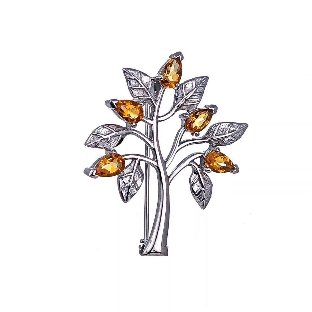 Citrine Brooch Tree of Life Sterling Silver Yellow Boxed Gift
