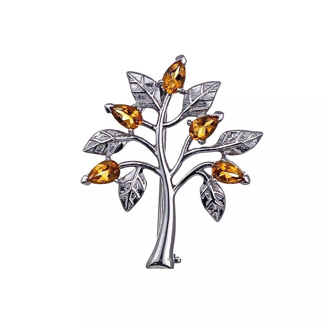 Citrine Brooch Tree of Life Sterling Silver Yellow Boxed Gift