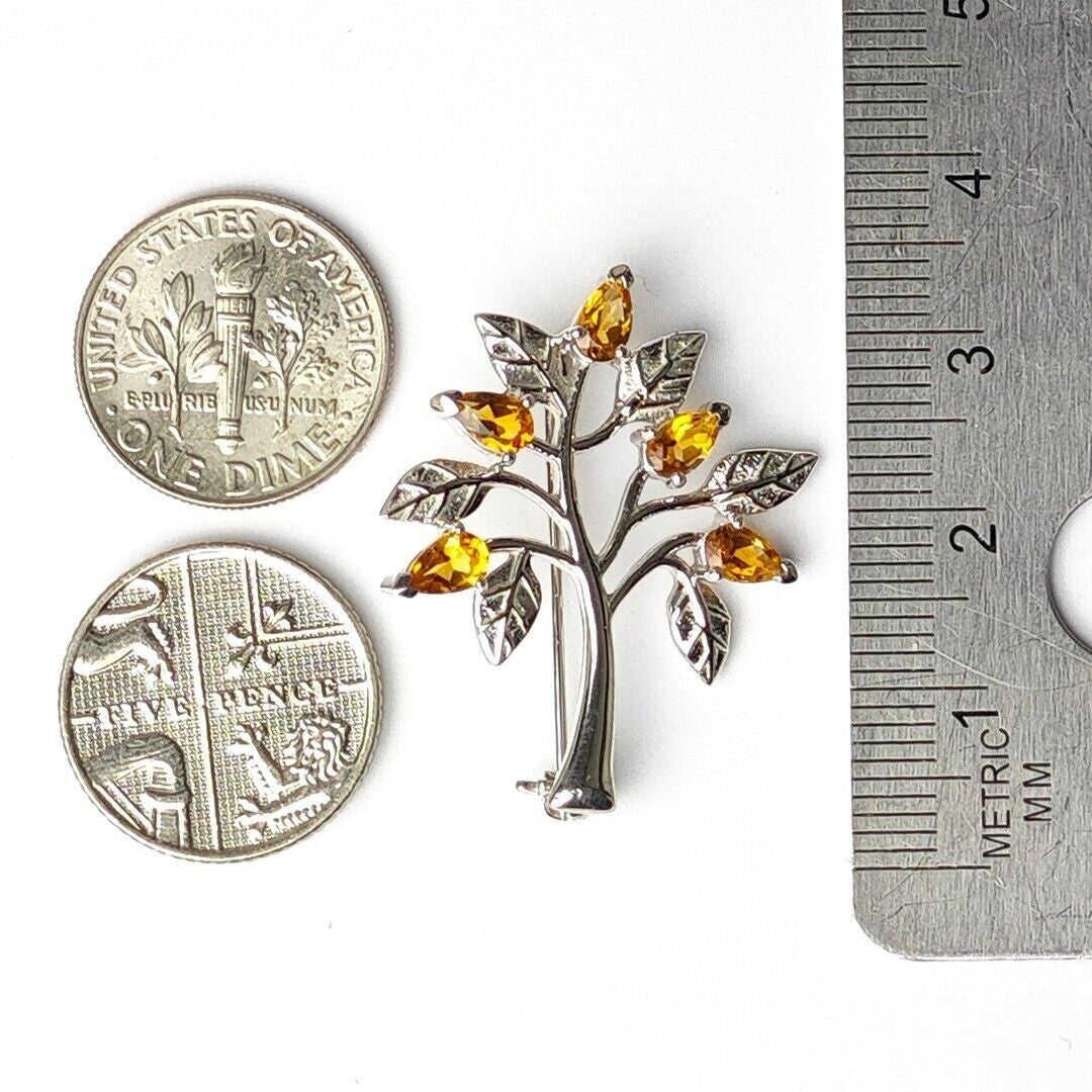 Citrine Brooch Tree of Life Sterling Silver Yellow Boxed Gift