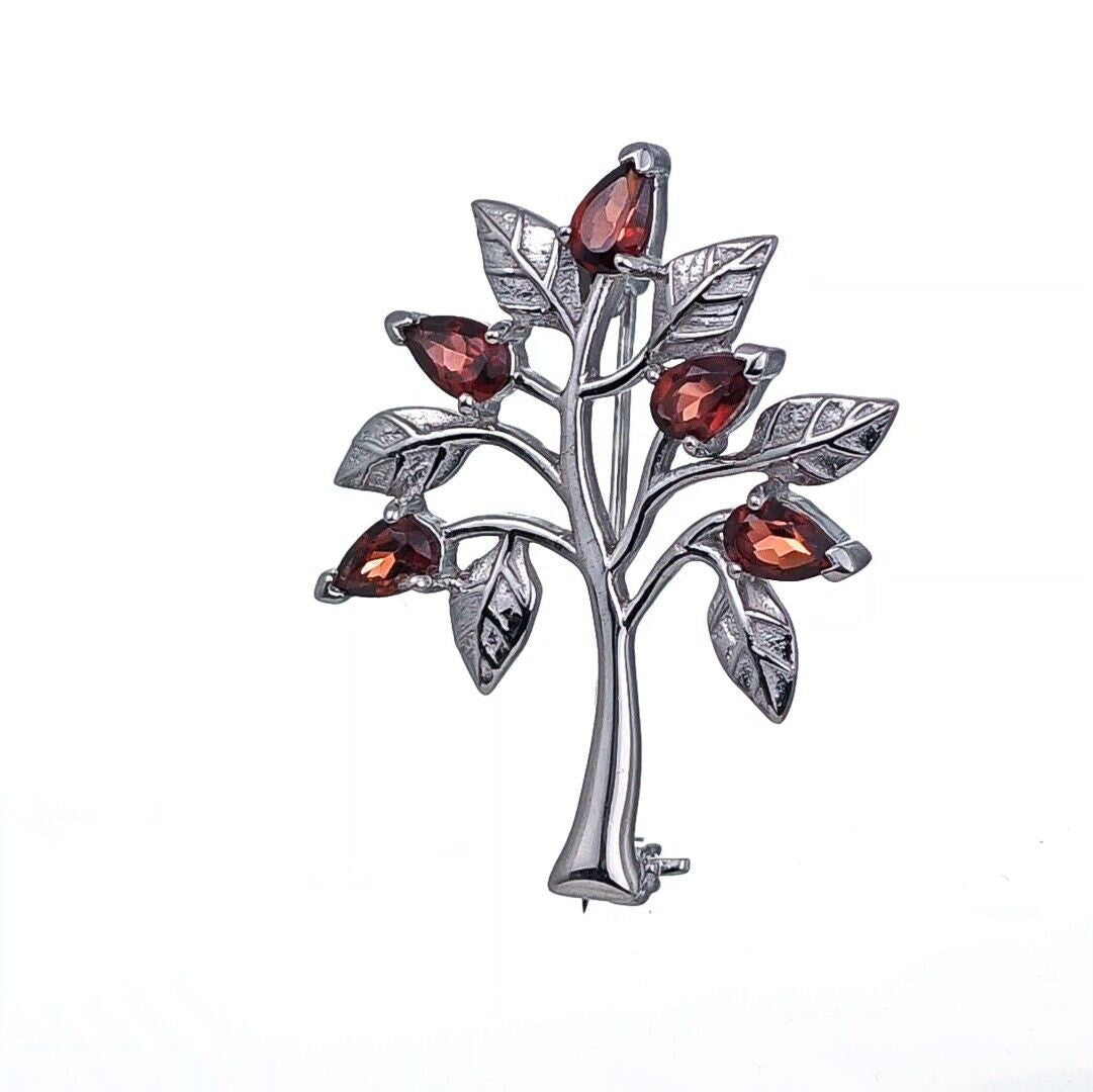 Garnet Brooch Tree of Life Sterling Silver Red Boxed Gift