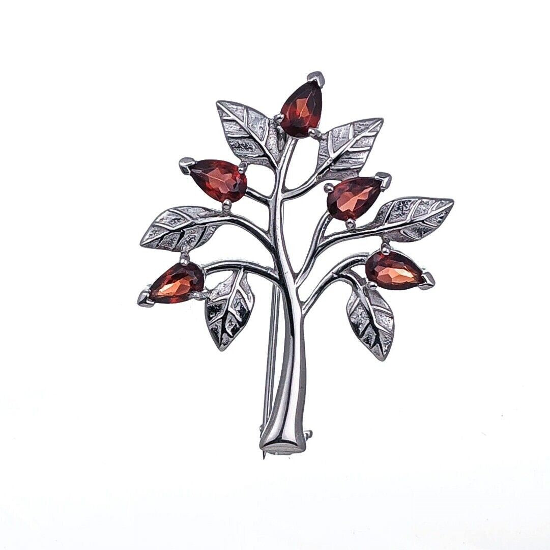 Garnet Brooch Tree of Life Sterling Silver Red Boxed Gift