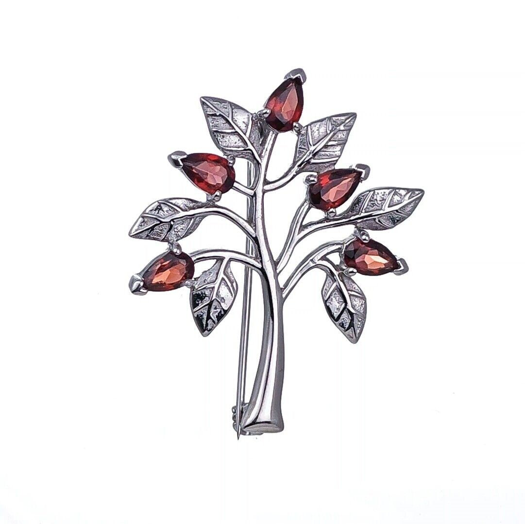 Garnet Brooch Tree of Life Sterling Silver Red Boxed Gift