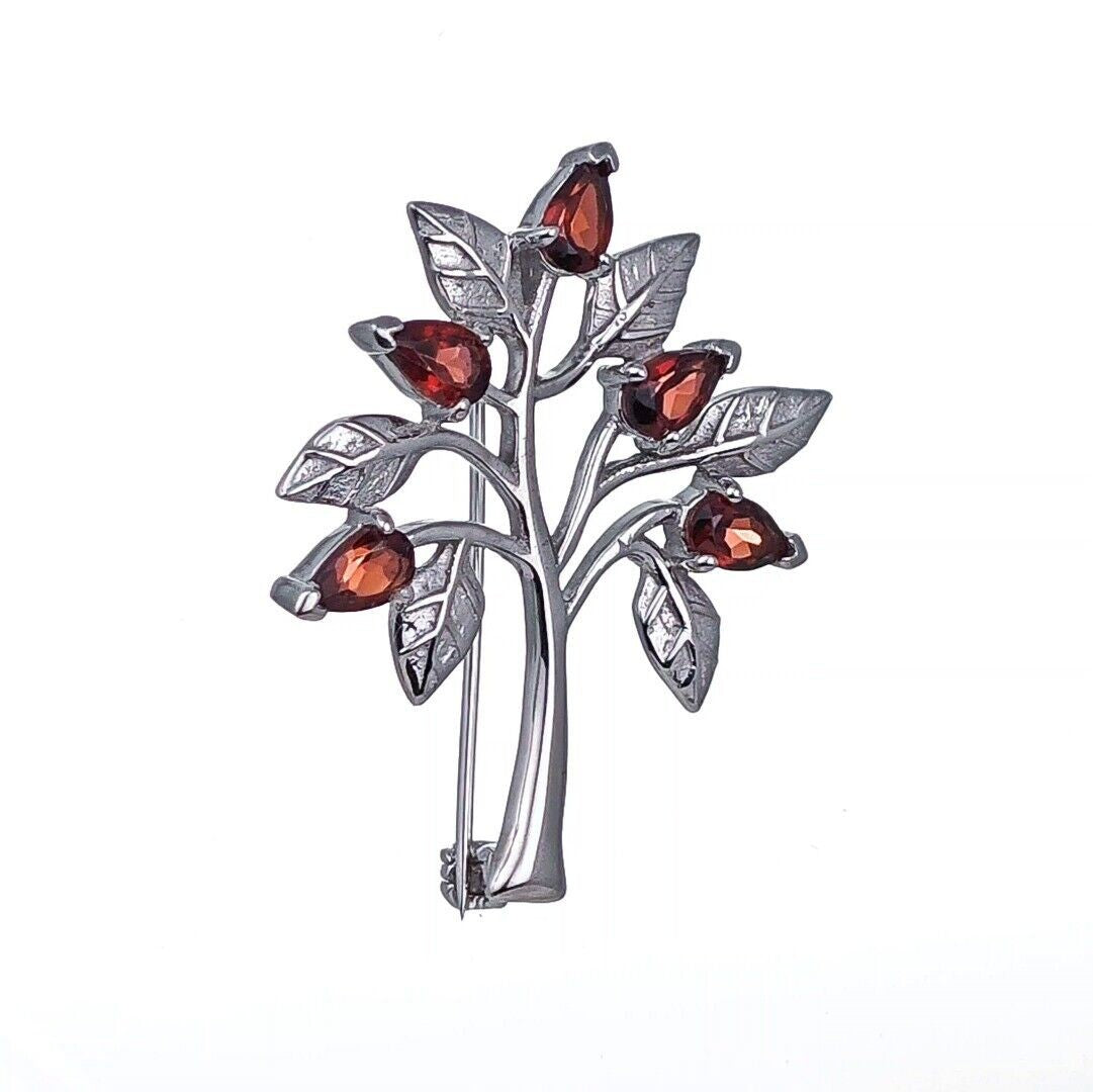 Garnet Brooch Tree of Life Sterling Silver Red Boxed Gift