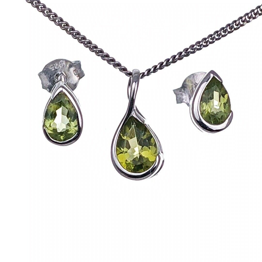 set peridot necklace earrings sterling silver studs infinity loop designed in the UK
