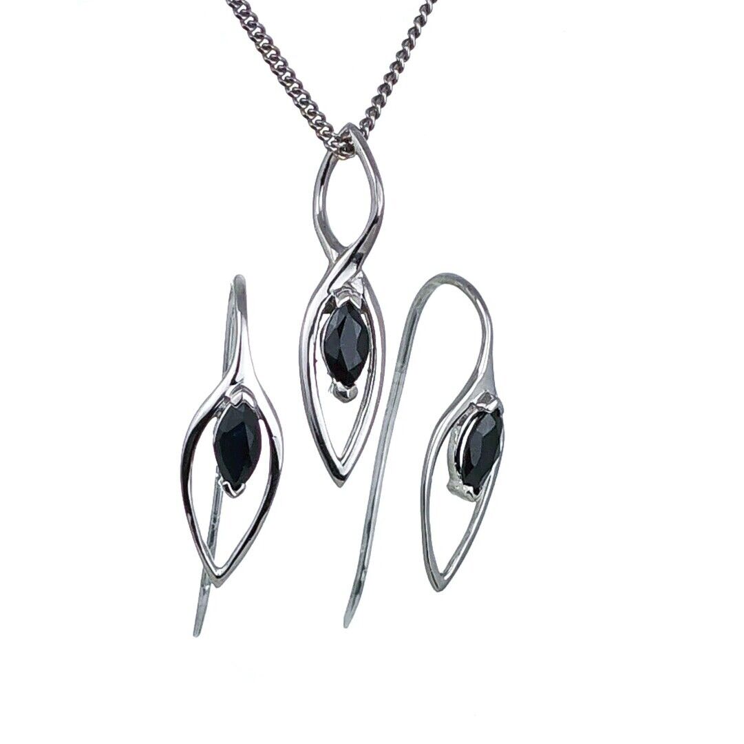 sapphire set sterling silver earrings necklace marquise infinity loop designed in the UK