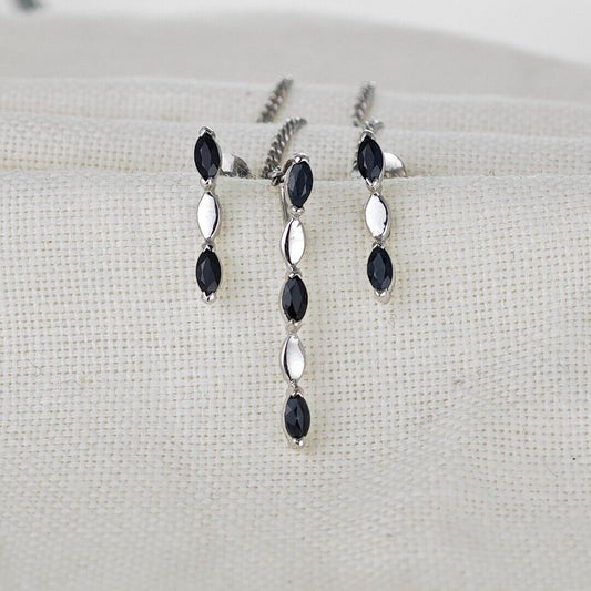 Sapphire Set Pendant Earrings Sterling Silver Marquise Drop