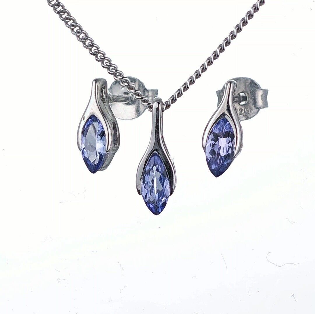 Tanzanite Set Necklace Earrings Sterling Silver SMALL Minimalist Marquise
